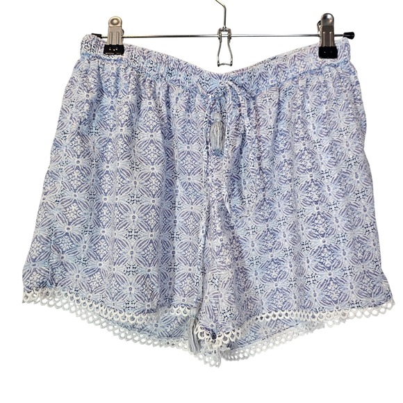 Haute Hippie Pants - Haute Hippie Blue White Cotton Floral Lounge Shorts PJ Sleep Drawstring Medium